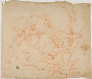 Putto schießt auf Putto zu Pferd