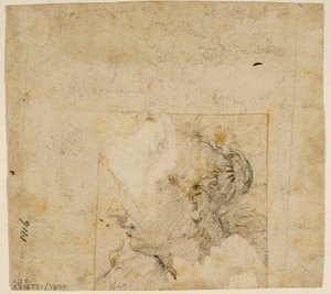 Weiblicher Kopf im Profil nach links; Skizze von Bäumen und Gebäude von Follower of Jacopo Bassano