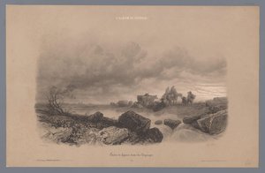 Reisende und Kühe an einem Bach in einer Landschaft von Fortuné Ferogio