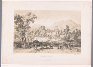 Blick auf ein Dorf mit Viehmarkt in einem Tal von Fortuné Ferogio