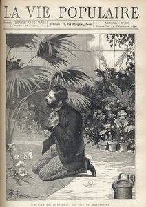 Ein verzweifelter Mann betet auf den Knien in einem Gewächshaus. Illustration von F. Meaulle nach B. Borione für 