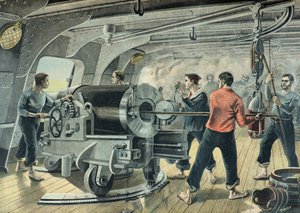 Eine Marinebatterie bombardiert Santiago de Cuba, Spanisch-Amerikanischer Krieg 1898
