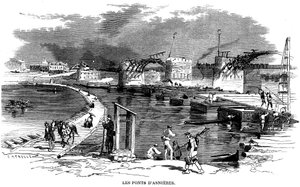 Nach dem Brand der Brücke von Asnieres während der Belagerung von Paris im Jahr 1870 wurde eine Bootsbrücke installiert - auf dieser Gravur von Meaulle (ca. 1870) eine weitere Holzstruktur neben der zerstörten Brücke - Kommune von Paris -