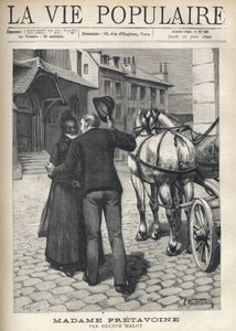 Ein wacher und lebhafter junger Mann, der aus einem Auto steigt, umarmt eifrig seine alte Mutter, würdevoll, verschleiert und in Schwarz gekleidet, und hebt halb seinen runden Hut. Illustration von E. Vulliemin für Madame Pretavoine von Hector von Fortune Louis Meaulle