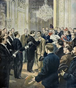 Louis Barthou dekoriert den Kutscher Georges, Retter des Bazar de la Charité, 1897 (Gravur) von Fortune Louis Meaulle