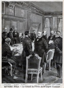 Der Rat des Nationalen Ordens der Ehrenlegion während der Dreyfus-Affäre, Gravur von F. Meaulle nach Garrey. „Le Petit Journal“, 24. April von Fortune Louis Meaulle