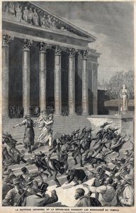 Allgemeines Wahlrecht und die Republik vertreiben die Händler aus dem Tempel - Allegorie auf die Folgen der Panama-Affäre - Gravur von Meaulle nach Henri Meyer von Fortune Louis Meaulle