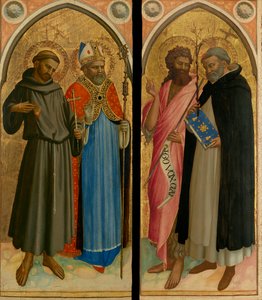 Heiliger Franziskus und ein Bischofsheiliger, Johannes der Täufer und Heiliger Dominikus, späte 1420er von Fra (c.1387 1455) Angelico