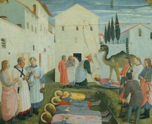 Das Begräbnis der Heiligen Cosmas und Damian, Predellenbilder, die die Geschichte der Heiligen Cosmas und Damian des San Marco Altars darstellen, ca. 1443