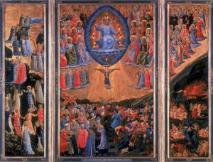 Das Jüngste Gericht. Himmel links, Hölle rechts. Christus sitzt im zentralen Panel in der Mitte. Fra Angelico (1400-1455) florentinischer Maler. Triptychon. Tempera auf Holz. Staatliche Museum, Berlin.