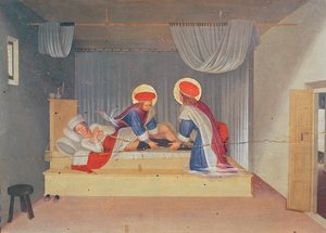 Altarbild, Die Jungfrau und das Kind umgeben von Engeln und acht Heiligen. Die Predella: Heiliger Cosmas und Heiliger Damian transplantieren das Bein eines Negers auf einen Justiniandeakon (Tempera auf Holz)