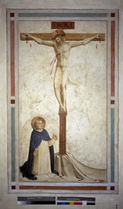 Kreuzigung mit dem heiligen Dominikus. Inschrift "INRI" auf dem Kreuz. Fresko von Guido di Pietro