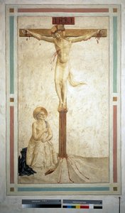 Die Kreuzigung mit dem heiligen Dominikus. Inschrift "INRI" auf dem Kreuz. Fresko von Guido di Pietro