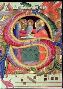 Ms 558 f.26v Die Darstellung im Tempel, Detail (Initiale S) aus einem Missale