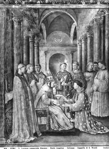 Papst Sixtus II. (gest. 258) verleiht dem Hl. Laurentius (gest. 258) das Diakonat aus der Kapelle von Nikolaus V.