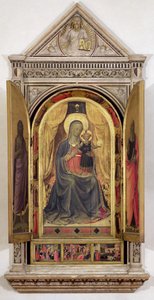 Das Linaiuoli-Triptychon (mit offenen Flügeln): Die Jungfrau und das Kind auf dem Thron mit St. Johannes dem Täufer und St. Markus, 1433