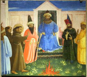 Die Feuerprobe, St. Franziskus bietet an, durch Feuer zu gehen, um den Sultan von Ägypten zu bekehren (Legenda maior, IX, 8) von Fra Angelico