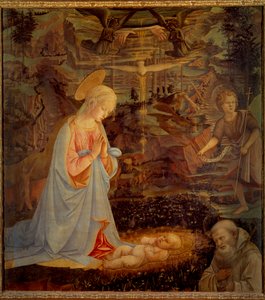 Die Jungfrau, das Jesuskind, der heilige Johannes der Täufer als Kind und der heilige Bernhard von Clairvaux (1090 - 1153) Letzterer war der Gründer des Zisterzienserordens und der erste Patron des Templerordens. Detrempe auf W