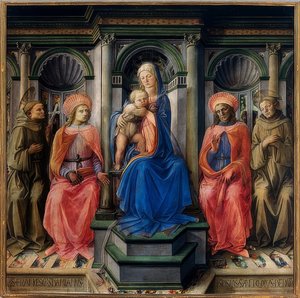 Thronende Maria mit Kind und den Heiligen Franz von Assisi, Damian, Kosmas und Antonius von Padua von Fra Filippo Lippi