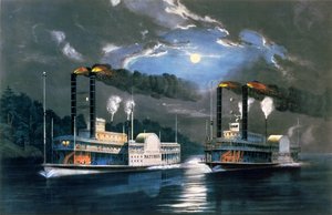 Ein Mitternachtsrennen auf dem Mississippi, nach einer Zeichnung von H.D. Manning, veröffentlicht von Currier und Ives, New York, 1860