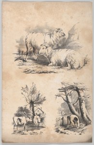 Vignette mit zwei Schafen, Vignette mit zwei Kühen in einem Teich und Vignette eines Holzsammlers, 1847