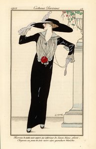 Frau in schwarzem Satin-Kleid, schwarzer Seidenhut von Francesc Xavier Gosé