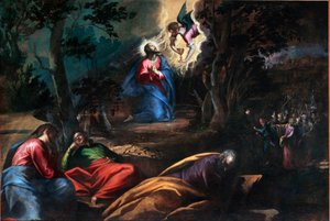 Das Gebet im Garten der Olivenbäume. Rechts kommt Judas mit den Soldaten, um Jesus Christus zu verhaften. Gemälde von Francesco Bassano dem Jüngeren (ca. 1549-1592) Venedig, Chiesa del Redentore, Italien