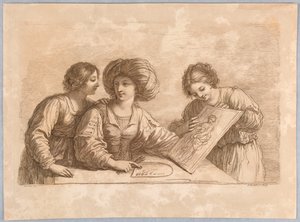 Drei Frauen mit einer Palette und Skizze eines Designs von Francesco Bartolozzi