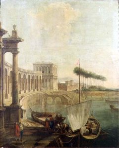 Ein Capriccio, Hafen mit Figuren, die eine Fähre beladen