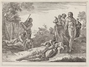Apollo und Nymphen in einer Landschaft mit einer Büste des Pan