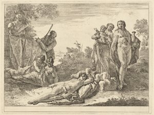 Neun Figuren um eine Hermenbüste des Pan