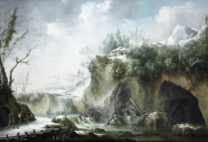 Eine Flusslandschaft im Winter, mit Reisenden auf einem verschneiten Pfad