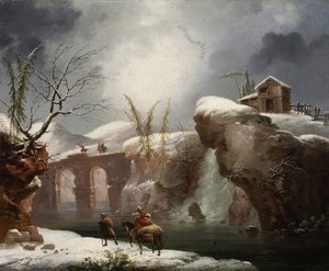 Winterlandschaft mit Reisenden an einem Fluss
