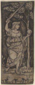 Allegorische Figur: Frau mit Schwert und Kugel