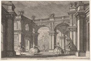 Zwei Damen und zwei Herren tanzen in einer prunkvollen architektonischen Umgebung, ein Brunnen..., 1765