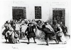 Die Plünderung der Bäckerei der Krücken, Episode aus Die Verlobten, von Alessandro Manzoni, Illustration von Francesco Gonin, Ausgabe 1840