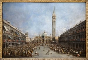 Der Doge von Venedig wird nach seiner Wahl von den Gondolieri auf den Markusplatz getragen (Blick auf die Basilika San Marco und den Glockenturm), Ölmalerei von Francesco Guardi (1712-1792). Fotografie, KIM Youngtae, Grenoble, Musée de Grenoble.