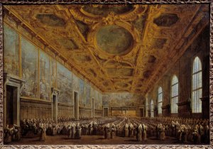 Der Doge von Venedig dankt dem Großen Rat. Die Szene spielt im Dogenpalast auf dem Markusplatz in Venedig. Gemälde von Francesco Guardi von Francesco Guardi