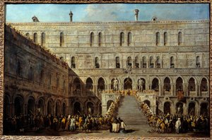 Die Krönung des Dogen von Venedig auf der Treppe der Giganten im Dogenpalast. Gemälde von Francesco Guardi (1712-1793), zwischen 1766 und 1770