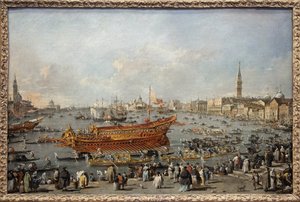 Der Start des Bucentaurus zum Lido von Venedig am Himmelfahrtstag, der Doge nimmt an der großen Veranstaltung der Himmelfahrtsfeierlichkeiten teil, der Hochzeit von Venedig mit der Adria zur Erinnerung an die Eroberung Dalmatiens im 14. Jahrhundert von Francesco Guardi