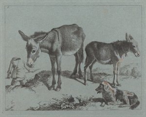 Esel mit ihrem Fohlen, einem Hund und einem Bauern, 1762-1763