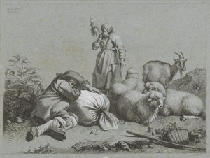 Hirte und Hirtin mit Schafen und Ziege (Hirtenszenen) von Francesco Londonio