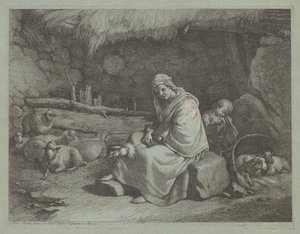 Innenraum eines Stalls mit sitzender Spinnerin und schlafendem Kind, 1759-1782 von Francesco Londonio