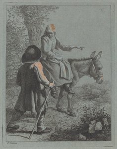 Bäuerin auf einem Esel sitzend und ein Bauer
