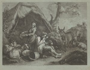 Sitzender alter Mann und Frau mit einem Korb Eier, 1759-1782 von Francesco Londonio