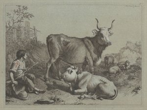 Sitzender Hirte mit einem Stier und einem Ochsen von Francesco Londonio