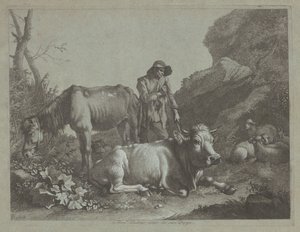 Hirte ruht sich auf einem Spazierstock mit einem alten Pferd und einem liegenden Stier aus, nach 1767 von Francesco Londonio