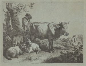 Stehende Kuh und ein Hirtenjunge mit Herde, 1760er Jahre von Francesco Londonio