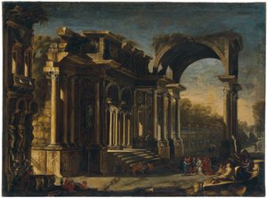 Capriccio mit römischen Ruinen und Christus mit der Ehebrecherin