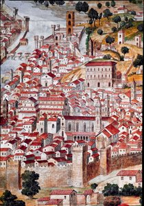 Pianta della Catena. Detail einer Karte der Stadt Florenz, genannt "Catena" wegen des rahmenförmigen Kettenmusters. Erstellt von Francesco di Lorenzo Rosselli